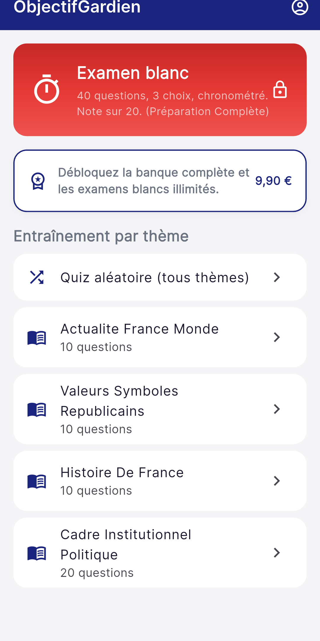 Écran d'accueil de l'application Objectif Gendarme avec le thème Valeurs Symboles Républicains et le mode examen blanc