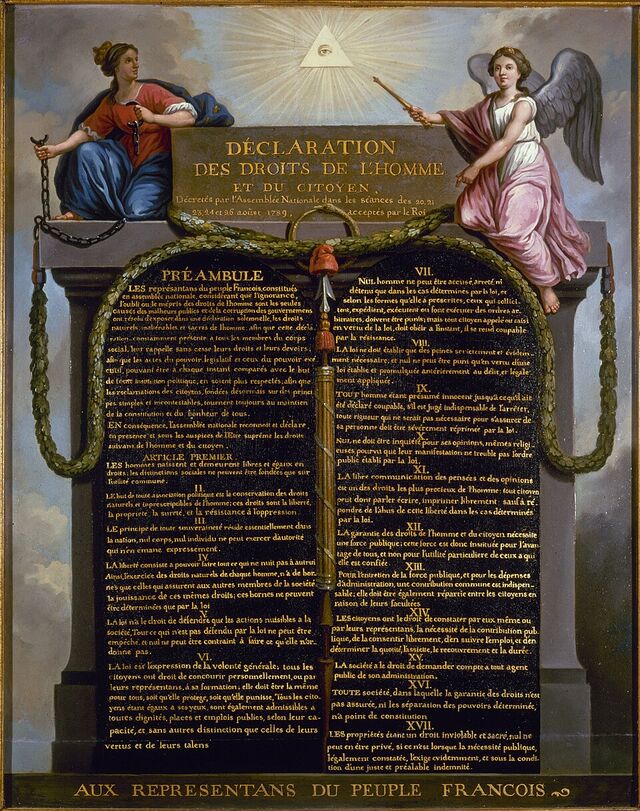 Tableau de Jean-Jacques-François Le Barbier représentant la Déclaration des droits de l’homme et du citoyen de 1789 sur deux tables de la loi, entourées de la France et d’une allégorie ailée